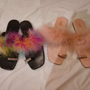 H&A Women's Feathered Sandals - Black and Pink